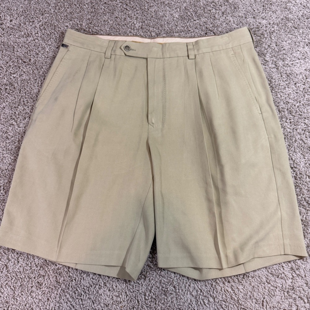 Tommy‎ Bahama Shorts Mens 36 Khaki Good Silk Cotton Pleated Herringbone Resort